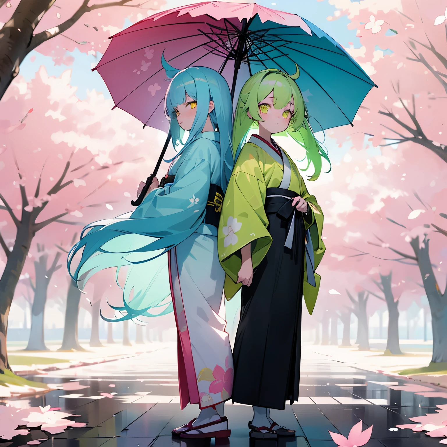 Cute 12 year old pair of twins, anime style, first twin with lime colored hair, second twin with light blue hair with yellow highlights, both have long hair, both in white kimonos, both have bangs, both kimonos having hair color highlights, pink cherry blossoms trees, with pink leaves falling, first twin with glowing lime eyes, second twin with glowing yellow eyes, both have matching colored umbrellas, both cold stare towards me, both full body image, and both back to back. Kawaii, Japanese.