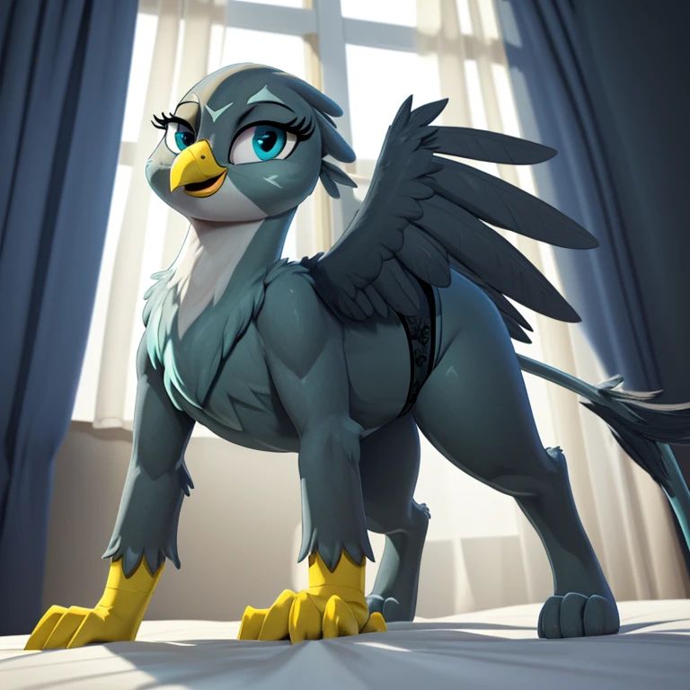 (Masterpiece, highly detailed, anime style render, slightly blurred background, cinematic light particles, front view:1.1, low angle perspective view:1.1), ((Gabby)), (furry:1.2), (((short stack))), female gryphon, blue-grey body, beak, ((tail)), (((yellow arms, yellow hands))), ((blue-grey hind legs)), ((big wings)), solo, on all fours, on a bed with light grey sheets, hand rubbing crotch, tail going between legs rubbing crotch, (((wearing black transparent stockings, black detailed panties))), visible panties, (((smiling seductively at viewer centered, with half-closed eyes:1.2, very visibly aroused, and a smug expression))), (((thick thighs))), (thigh gap), spreading wings, (big wide detailed cobalt blue green cartoon eyes:1.2), ((blue-grey eyelids)), (digitigrade:1.2), ((in a detailed elegant hotel room with white walls, white curtains, a window, at midnight, dark night)