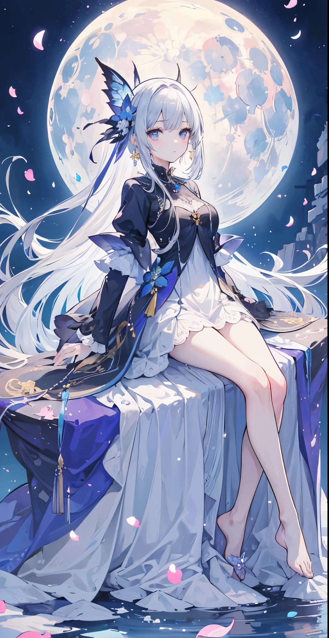 (masutepiece), (Best Quality), Highly detailed, 1 girl, full body photographed,Perfect face, Beautiful face, extra detailed face,Long gray hair,mare,butterflys々,flower petals,optic,waterface,a moon,Fantasia,Fanciful,Mystical