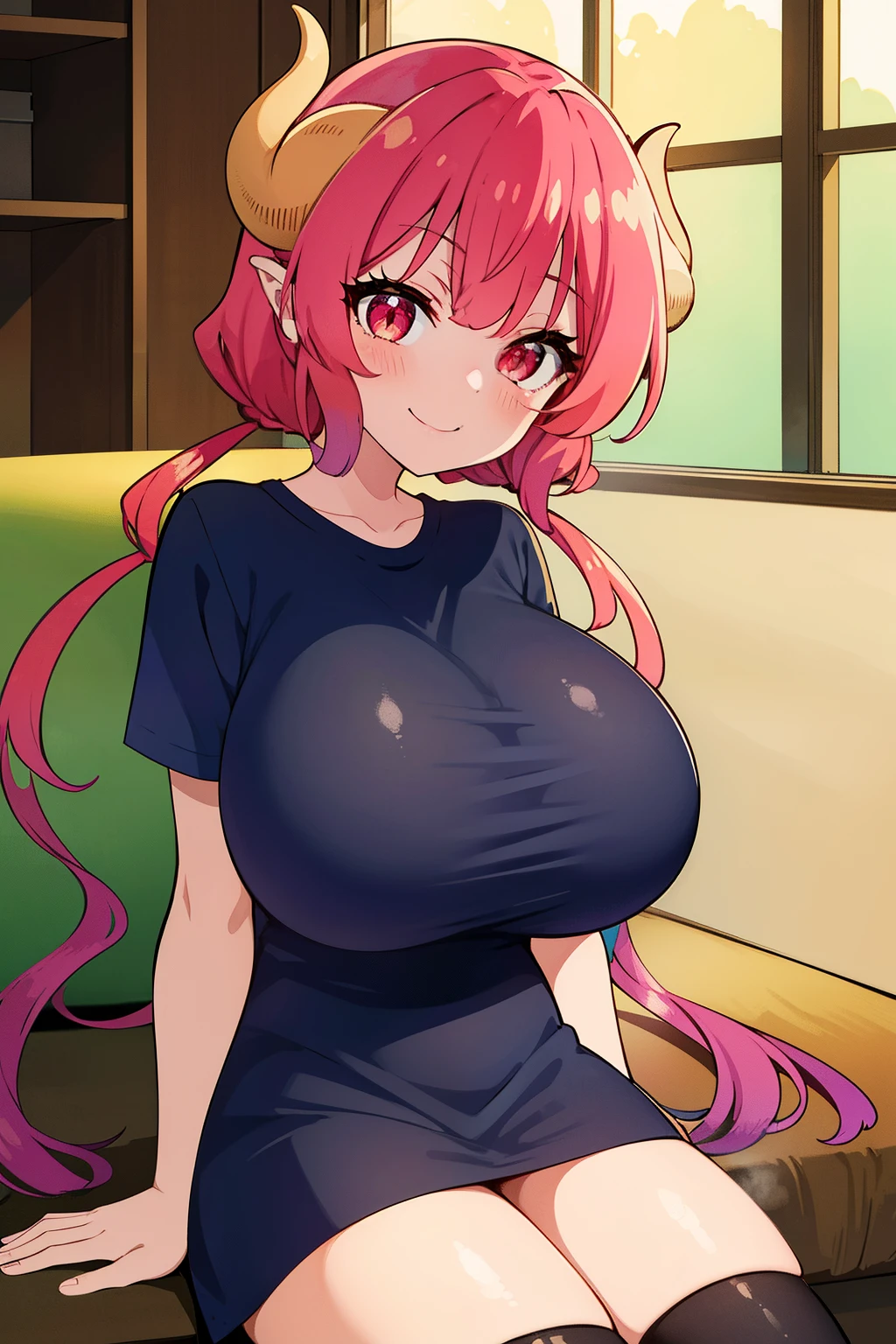 nsfw, masterpiece, perfect lighting, best quality, perfect eyes, absurdres, 8k, (absurdres), finely detail, indoors, 1girl, (huge breasts:1.4), ilulu_maiddragon, red hair, red eyes, twintails, long hair, horns, smile, looking at viewer, black t-shirt, thighhighs, short sleeves, cowboy shot, sitting