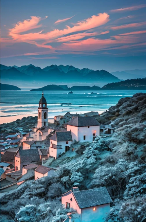 (perfect drawing + The highest image quality + clear details), european village photo style, seascape photos, cliff village, distant mountains, the sun has set, dazzling light in the twilight, comfortable light and shadow, quiet and beautiful.