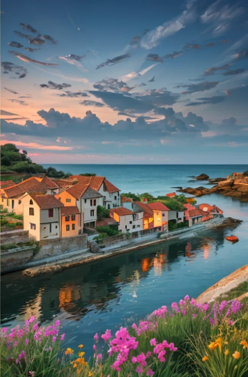 (perfect drawing + The highest image quality + clear details), european village photo style, seascape photos, cliff village, distant mountains, the sun has set, dazzling light in the twilight, comfortable light and shadow, quiet and beautiful.