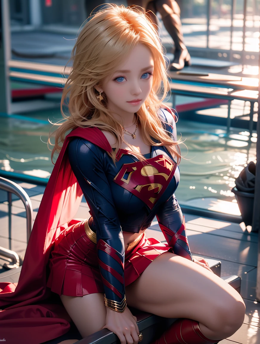 masterpiece, 4k, 8k, high quality, highly detailed, detailed face, HDR, vivid colors, natural lighting, Best Shadows, Shallow Depth of Field, Portrait of (Supergirl:1.1) standing on a rooftop, smiling, red skirt, red cape, red boots with heels, delicate, alluring blue eyes, lovely medium breasts, blonde, (Superman symbol on chest:1.2), bare legs, open navel, blue sky, sunlight, clouds, sun, bloom,