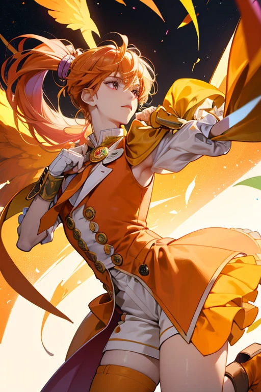 his hair turns bright orange and is now out of his face. His bangs turned slightly to the middle. He now has a long thin ponytail that reaches his feet and his ahoge becomes longer, spikier, and slightly darker in color with a small gold oval with white wing-shaped clip on the right side and he got a yellow thin streak on the left side. Also on the right is a small brown top hat with a magenta band around it tied in a wing-shaped bow. His top is white puffy sleeves with orange lining and orange collar, light orange vest with brown lining, and multicolored buttons running down the front: a magenta diamond, a yellow circle, and a green triangle. A short orange jacket with a dark orange collar with yellow lining and a gold brooch with a pair of orange wings and an orange sphere with gold four pointed star design in the middle with different sized magenta ribbons is worn over it. He also wears short light orange and brown shorts with orange frills, a large orange coattail attached to it with a turquoise and yellow gradient insert in it. His gloves are light orange with a flared cuff and two gold buttons worn over elbow-length orange gloves and his boots are also orange with light orange toes and brown soles. Around his right ankle is a magenta garter that resembles the necktie in his bird form and he also has two magenta spherical earrings on each ear.