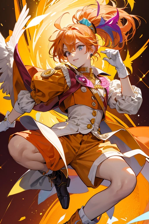 his hair turns bright orange and is now out of his face. His bangs turned slightly to the middle. He now has a long thin ponytail that reaches his feet and his ahoge becomes longer, spikier, and slightly darker in color with a small gold oval with white wing-shaped clip on the right side and he got a yellow thin streak on the left side. Also on the right is a small brown top hat with a magenta band around it tied in a wing-shaped bow. His top is white puffy sleeves with orange lining and orange collar, light orange vest with brown lining, and multicolored buttons running down the front: a magenta diamond, a yellow circle, and a green triangle. A short orange jacket with a dark orange collar with yellow lining and a gold brooch with a pair of orange wings and an orange sphere with gold four pointed star design in the middle with different sized magenta ribbons is worn over it. He also wears short light orange and brown shorts with orange frills, a large orange coattail attached to it with a turquoise and yellow gradient insert in it. His gloves are light orange with a flared cuff and two gold buttons worn over elbow-length orange gloves and his boots are also orange with light orange toes and brown soles. Around his right ankle is a magenta garter that resembles the necktie in his bird form and he also has two magenta spherical earrings on each ear.