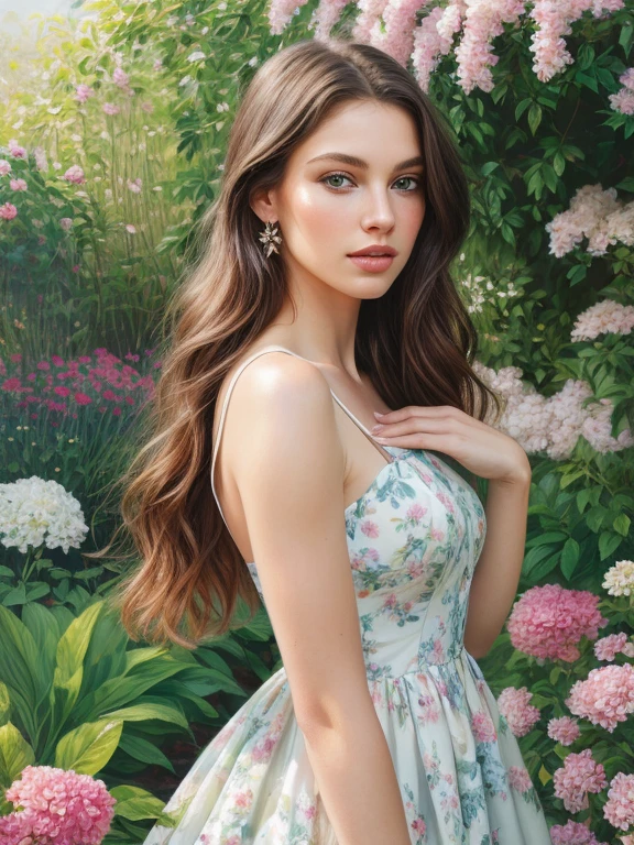 best quality,4k,8k,highres,masterpiece:1.2,ultra-detailed,realistic:1.37,Tarra Weiss,Tarra Weiss portrait,beautiful detailed eyes,beautiful detailed lips,extremely detailed eyes and face,long eyelashes,stunning girl in a garden,oil painting,realistic style,vivid colors,soft lighting,medium brush strokes,lush greenery,flowing floral dress,elegant pose,colorful flowers in the background,gentle sunlight,subtle shadows,meticulous attention to detail,masterful composition,harmonious atmosphere,impeccable skin texture,sharp focus,professional artwork