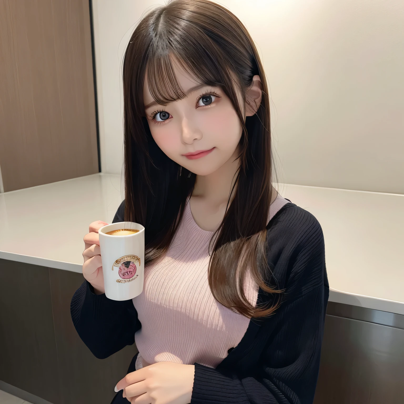 (Top image quality, Ultra-fine, hight resolution, ultra-detailliert, anime image),独奏、 s、red blush, cups, a closeup, Hold in hand, line of sight, bangss, cupsを持つ,AmiAmi white sweater, 使い捨てcups, long-sleeve, The upper part of the body, コーヒーcups, Blurry, Background with, Sweaters, manicure, Drink, Pink Nails, strong shiny light、nogizaka、Beautiful black eyes:1.3、17-year-old schogir