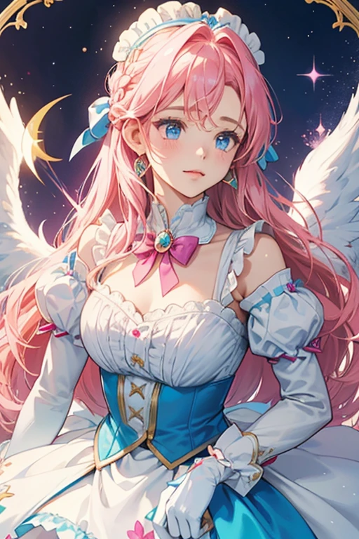 her hair lengthens, wavy and turns bright pink and peach ombre with some of it in braids that are tied in the back with a magenta ribbon, two braided strands with upside down heart- shaped at the end, and a heart-shaped cowlick on the middle. On her head is a big white ribbon with light blue four pointed star-like designs and a clip with white wings and a blue sphere in the middle along with a gold crescent-shaped with white sphere earring in the left and a gold dot earring in the right. She wears a white dress with a large white ruffle in the front lined with pink and light blue at the bottom held by a gold brooch with a pair of pink wings and a white sphere with gold four pointed star design in the middle and blue ribbons at the bottom. The skirt has two white layers with magenta lining on one and light yellow for frills. The open section on the right is dark blue with light blue four pointed star designs at the bottom and a pale yellow four pointed star with green, orange, pink, and blue sparks inside, a light blue bow with two white ruffled fabrics attached as well. She also wears white opera gloves with large white bows at the end and white and magenta knee-length boots with gold four pointed star designs on the front. In the back are two ribbons with magenta hearts in the front and light blue four pointed stars in the back.