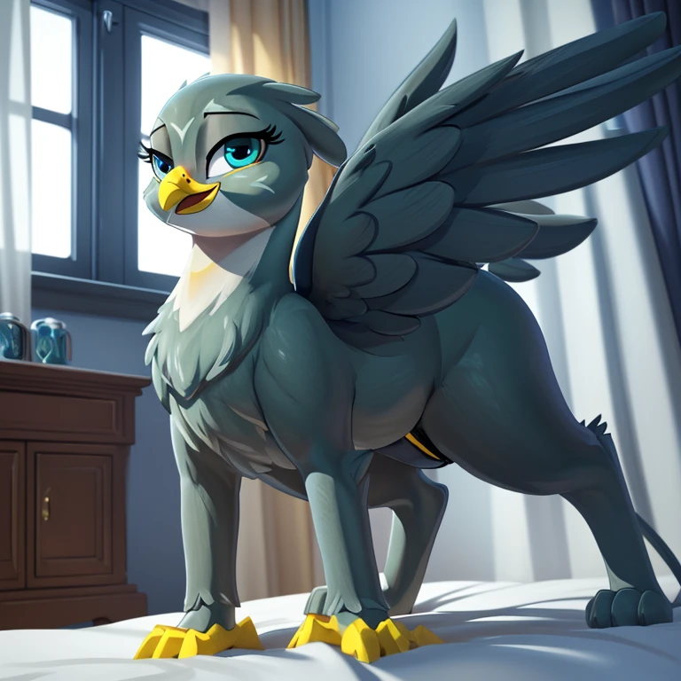 (Masterpiece, highly detailed, anime style render, slightly blurred background, cinematic light particles, front view:1.1, low angle perspective view:1.1), ((Gabby)), (furry:1.2), (((short stack))), female gryphon, blue-grey body, beak, ((tail)), (((yellow arms, yellow hands))), ((blue-grey hind legs)), ((big wings)), solo, on all fours, on a bed with light grey sheets, hand rubbing crotch, tail going between legs rubbing crotch, (((wearing black transparent stockings, black detailed panties))), visible panties, (((smiling seductively at viewer centered, with half-closed eyes:1.2, very visibly aroused, and a smug expression))), (((thick thighs))), (thigh gap), spreading wings, (big wide detailed cobalt blue green cartoon eyes:1.2), ((blue-grey eyelids)), (digitigrade:1.2), ((in a detailed elegant hotel room with white walls, white curtains, a window, at midnight, dark night)