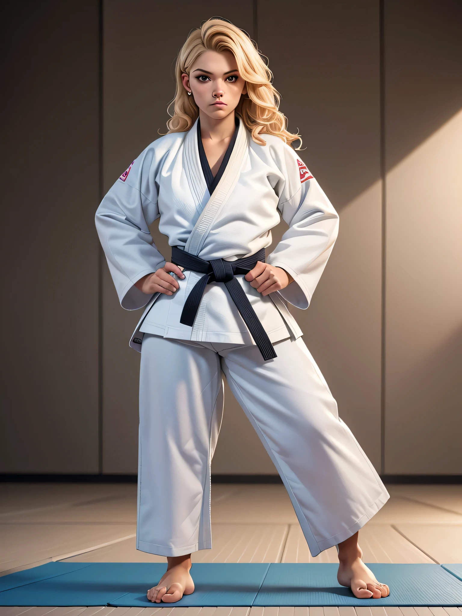 (8k, Foto RAW, Obra-prima de qualidade: 1.2), (Realistic, photoRealistic: 1.37),female judo athlete, Cabelo loiro da mulher, cabelos ondulados, judoka, pele clara, ((white judogi)),tiro largo photo, (tiro de corpo inteiro: 1), olhar frontal, Alimento, judo, tiro largo, intimidating stance, atmosfera digna, Slightly rigid figure, neck stiffness, (((perfect feets)))