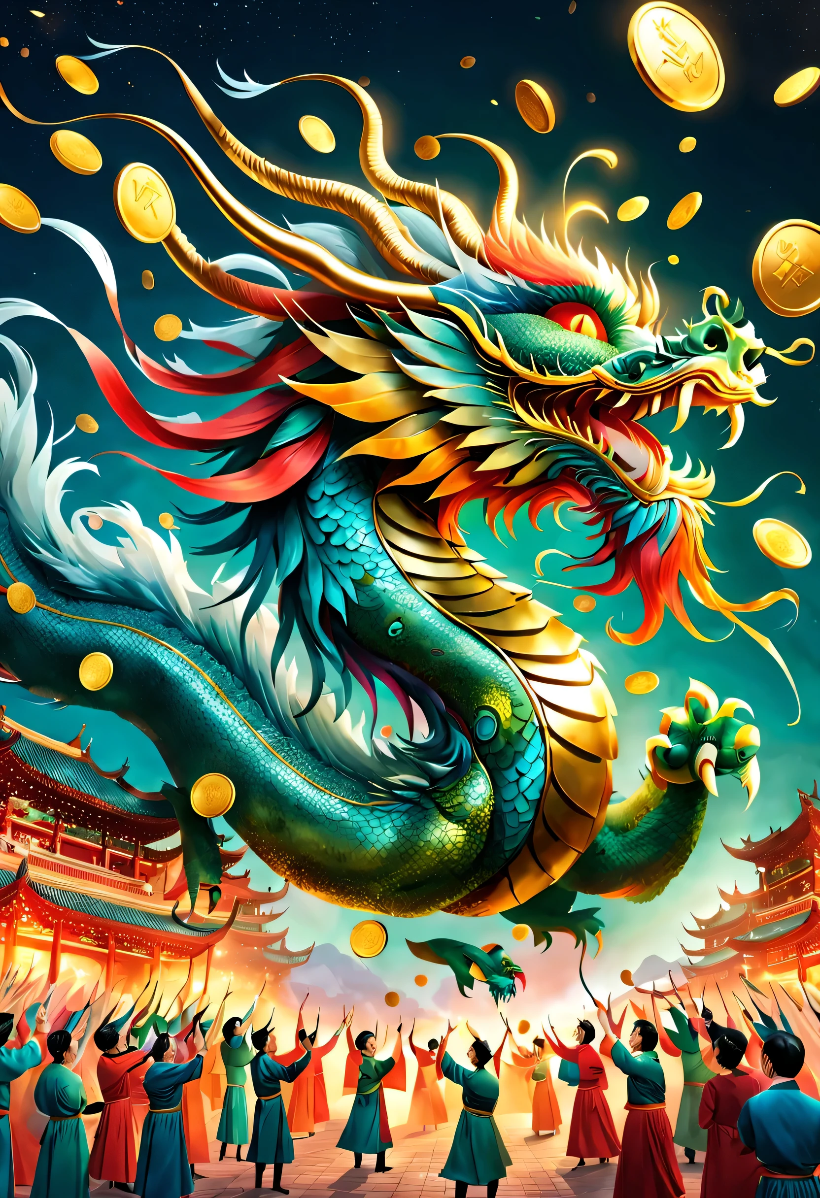 (中国故宫红墙上的巨大LED投影屏幕上投射着2024 Gold Award和新年快乐..），（2024 Gold Award：1.34）（nigh sky中有许多烟花绽放：1.37）, （Many ribbons and gold coins fall in the air,） (Dragon and Phoenix Chengxiang），，red gold and turquoise green，Background with：Cheering crowd during holiday evening celebration，nigh sky