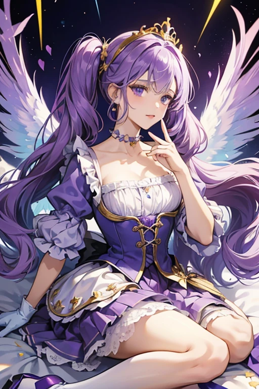 Her hair becomes long and purple with separate pigtails with an indigo ombre held by light blue bands. On her ears, she wears a pair of gold clip-on earrings with spikes. Her tiara is a pair of big white wings with lavender lining on top with a big blue heart with lavender lining and pink scalloped headband with two gold four pointed stars in the middle. She wears a short purple dress with a white bodice and a dark purple heart in the middle. At the top is a lavender brooch with a pair of purple wings in the middle with purple sphere with gold four pointed star design, three teal droplet-shaped gemstones, two small and one big in middle and a gold choker. The skirt has purple, light purple, and violet layers. Another longer purple skirt with gold lining is worn over it and opens in the front. On top is pale purple fabric and the inside of the skirt is decorated with two four-point stars with another one in the back. Her gloves are white and reach her elbows along with white puffy sleeves and purple lining in the middle. Her footwear consists of a pair of purple Mary Jane pumps, along with white footless stockings with purple trim.
