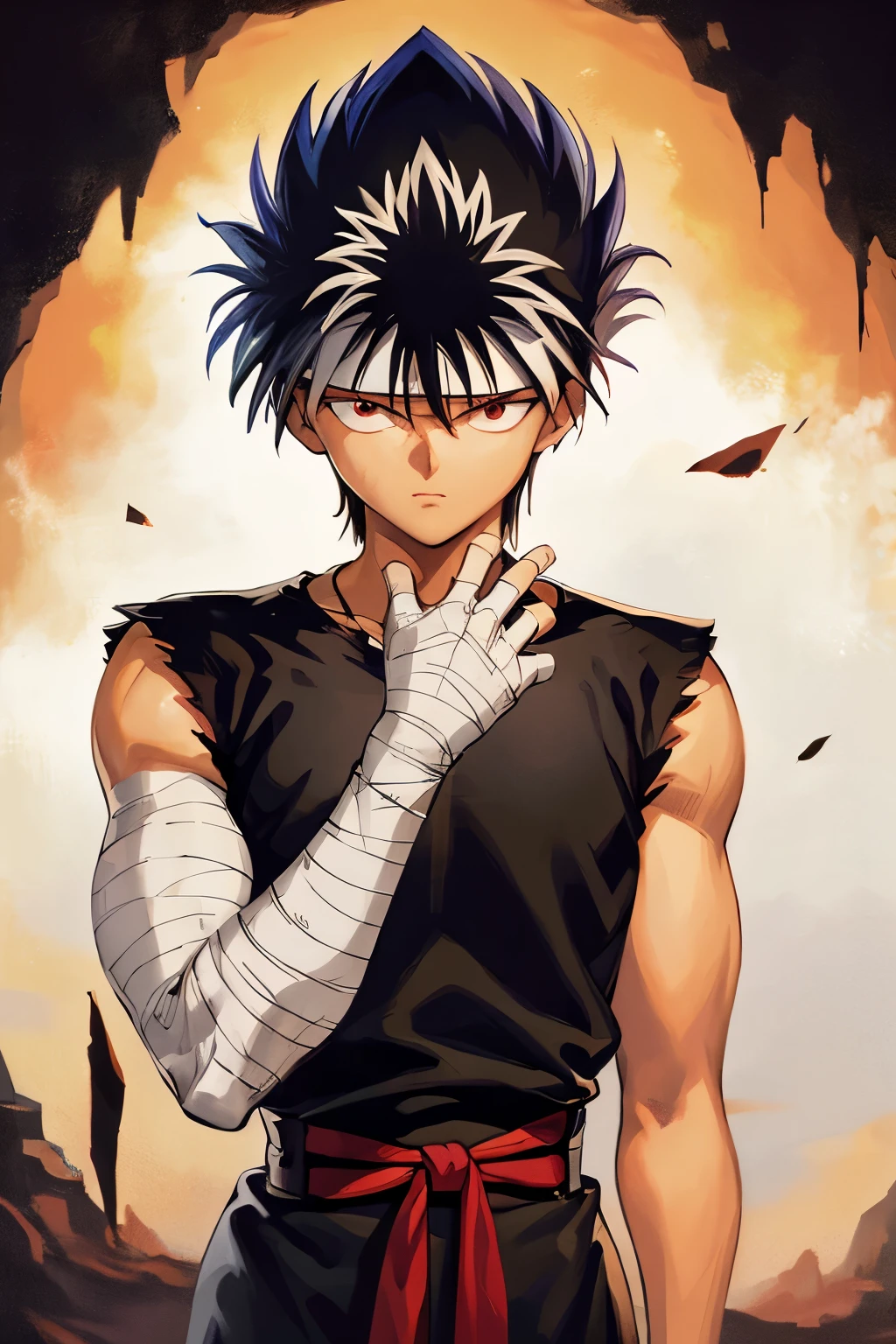 masterpiece, best quality, 1boy, hiei, black hair, white hair, spiked hair, red eyes, headband, bandages, upper body, sleeveless, torn clothes, solo, dragon behind background