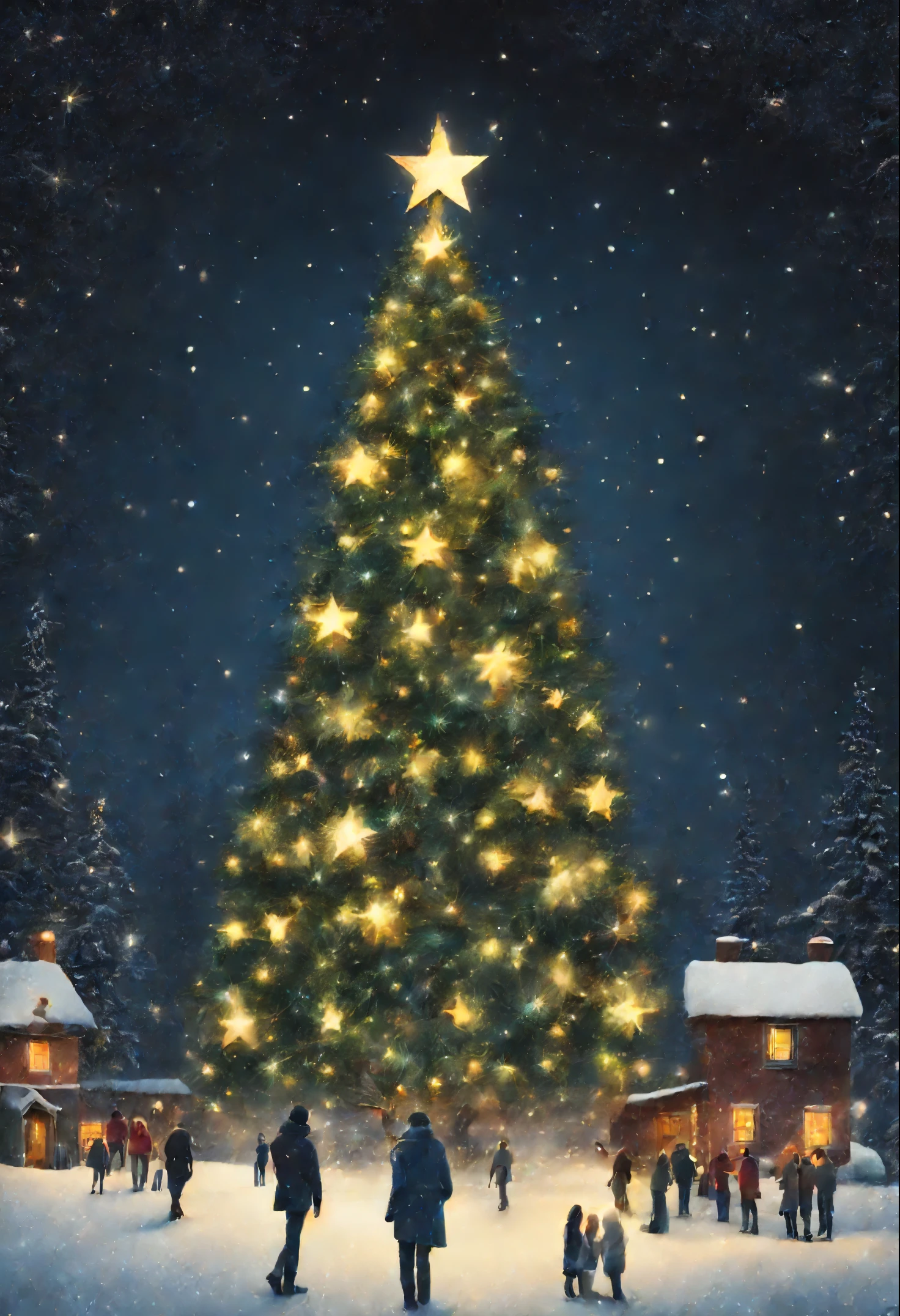 Christmas tree, Fireflies, snowing, Christmas Star, Garland, Christmas decorations, Gifts,  people