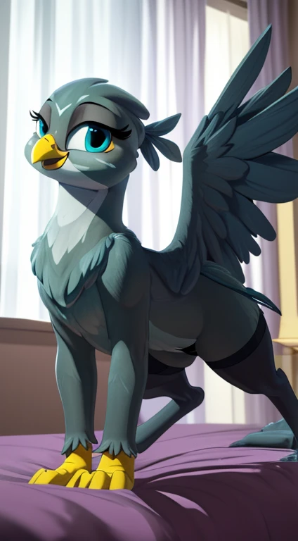 (Masterpiece, highly detailed, anime style render, slightly blurred background, cinematic light particles, front view:1.1, low angle perspective view:1.1), ((Gabby)), (furry:1.2), (((short stack))), female gryphon, blue-grey body, beak, ((tail)), (((yellow arms, yellow hands))), ((blue-grey hind legs)), ((big wings)), solo, on all fours, on a bed with light grey sheets, hand rubbing crotch, tail going between legs rubbing crotch, (((wearing black transparent stockings, black detailed panties))), visible panties, (((smiling seductively at viewer centered, with half-closed eyes:1.2, very visibly aroused, and a smug expression))), (((thick thighs))), (thigh gap), spreading wings, (big wide detailed cobalt blue green cartoon eyes:1.2), ((blue-grey eyelids)), (digitigrade:1.2), ((in a detailed elegant hotel room with white walls, white curtains, a window, at midnight, dark night)