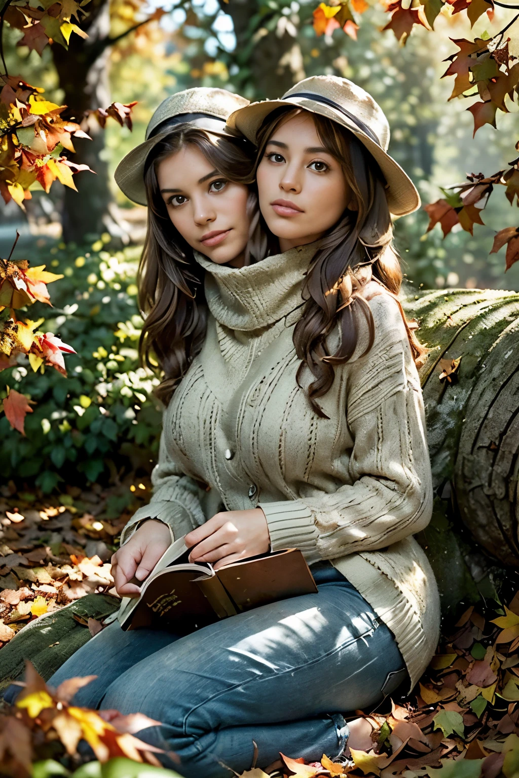 (32K resolution: 1.5), [masterpiece], (cozy autumn afternoon: 1.4), bokeh effect, rustic charm, film grain style, (ultra-realistic: 1.5, photorealistic: 1.5), original character, (perfect figure), warm details, 49-year-old woman, (quaint countryside: 1.2), (fallen leaves and ancient oak trees: 1.3), (reading under a tree: 1.1), (late afternoon: 1.2), (ovversized knitted scarf and knitted cap: 1.1), (classic novel: 1.1), (theme of tranquil solitude: 1.2), (absorbed in a book: 1.5), specific lighting: (soft sunlight filtering through leaves: 1.4), 35mm film look, enhanced warmth, (color palette of rich browns and oranges: 1.3), vignette, Kodachrome, Lomography, analog film, (contemplative and serene face expression: 1.2), tanned skin, (long, flowing brown hair: 1.3), hair texture: (gentle curls peeking from under the hat: 1.2), makeup: (subtle and natural: 1.4), facial expression: ((peaceful with a soft smile: 1.5)), body shape: (curvy, slim waist, visible curves), (large breasts: 1.5) clothing: (comfy sweater and jeans: 1.4), (emphasizing casual elegance: 1.5), photographed on Canon, lens mm: 50mm for a detailed autumn scene: 1.4), shallow depth of field, Kodak Vision Color, post-processing: (capturing the essence of a serene autumn day: 1.5), (highlighting the tranquility of the countryside: 1.5), resolution: (8K for capturing the subtle hues of autumn: 1.3), extremely detailed, maximum details, (unparalleled quality: 1.5), resolution: 32K, (RAW, photorealistic), pose: (seated under a tree, engrossed in reading: 1.4), body length: (full-length shot capturing the autumnal setting: 1.2), direction of model's body and gaze: (down at her book, immersed in the story: 1.5), gaze intensity level: (calm and introspective: 1.5), additional details: (leaves gently falling around her: 1.3),((2heads)), conjoined dicephalus