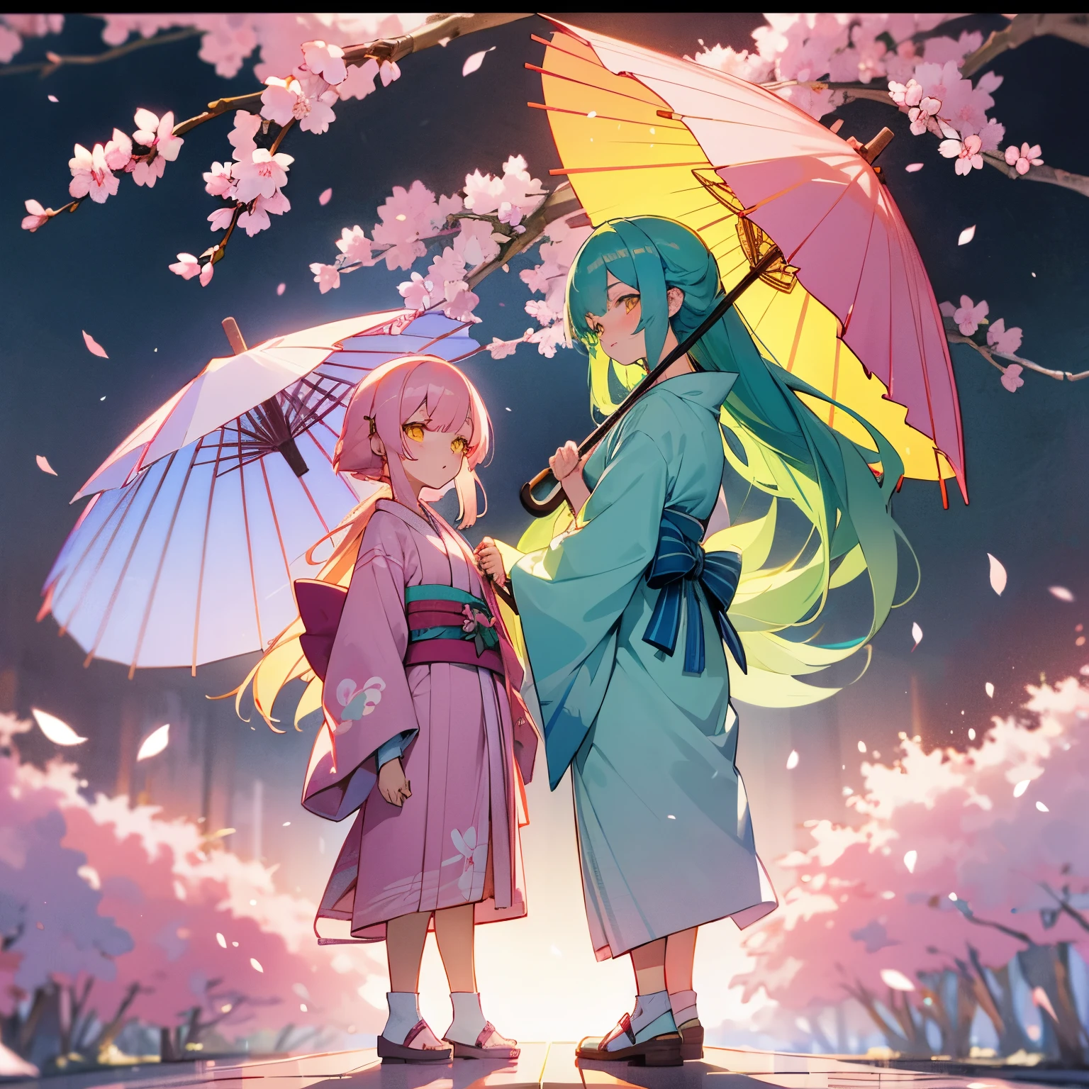 Cute  pair of twins, anime style, first twin with lime colored hair, second twin with light blue hair with yellow highlights, both have long hair, both in white kimonos, both have bangs, both kimonos having hair color highlights, pink cherry blossoms trees, with pink leaves falling, first twin with glowing lime eyes, second twin with glowing yellow eyes, both have matching colored umbrellas, both cold stare towards me, both full body image, and both back to back. Kawaii, Japanese.