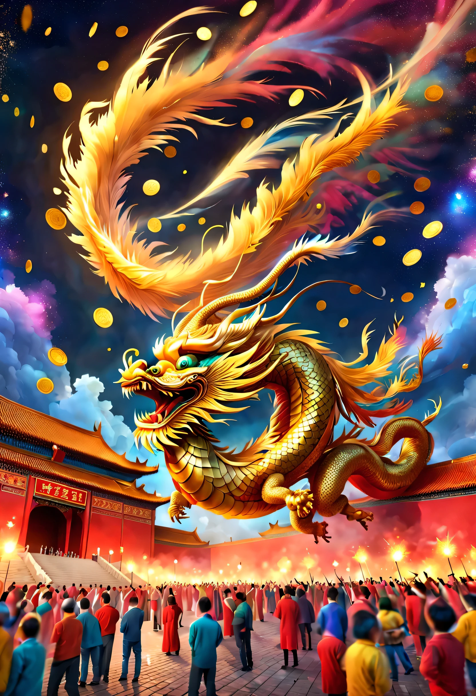 (Giant golden 2024 and Happy New Year on the red wall of the Forbidden City in China), (nigh sky中有许多烟花绽放), (Many gold coins and colorful pieces fall in the air,) (Dragon Flying Phoenix Dance), Celebrate the Golden Age, Background with为红金和绿松石绿.,Background with :(A group of people celebrate with joy,) nigh sky