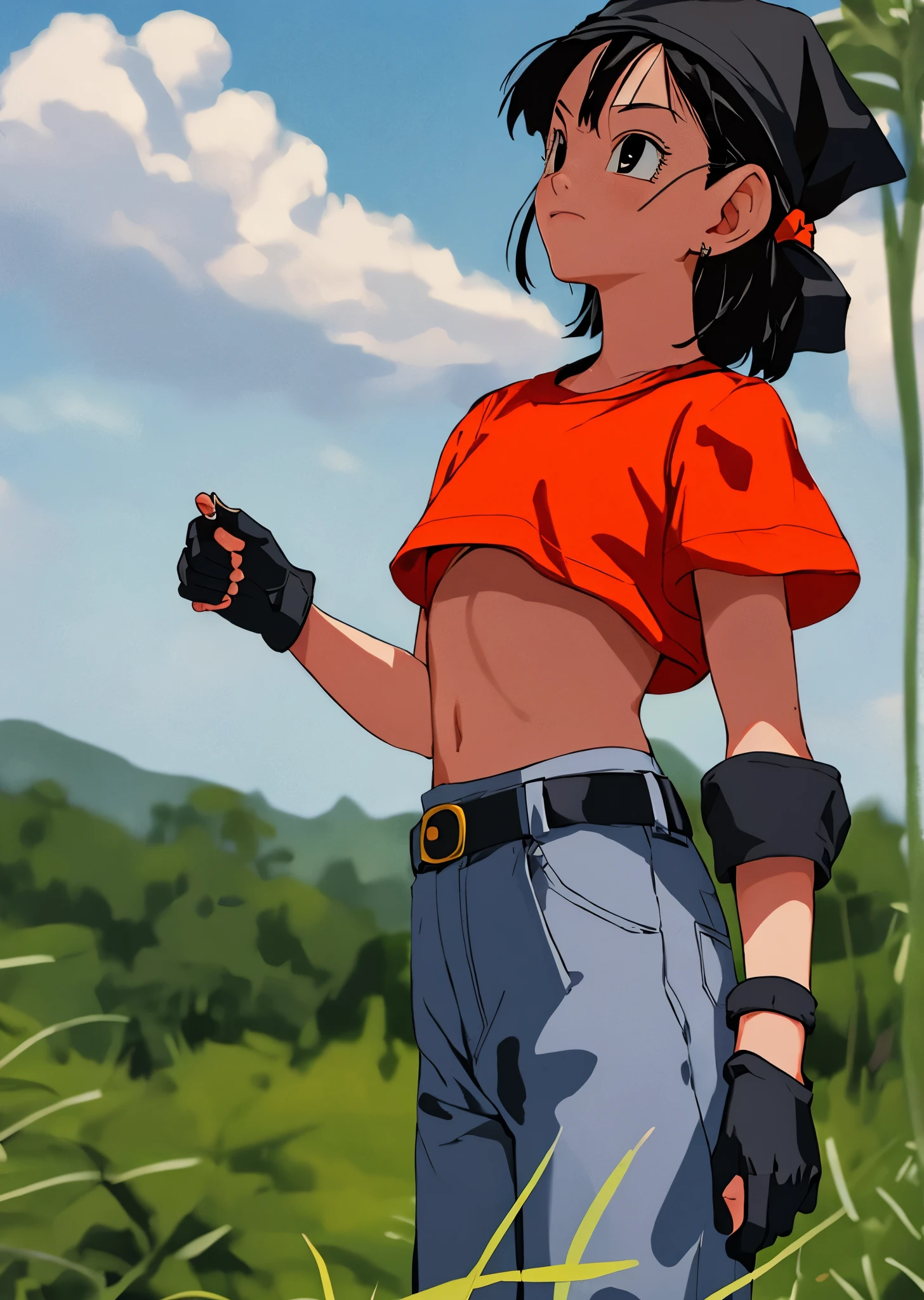 masterpiece, best quality, highest quality, photorealistic, perfect anatomy, perfect face, perfect eyes,
pandballgt, 1girl, black eyes, black hair, short hair, orange bandana, pants, fingerless gloves, red shirt, crop top, outdoors,  female