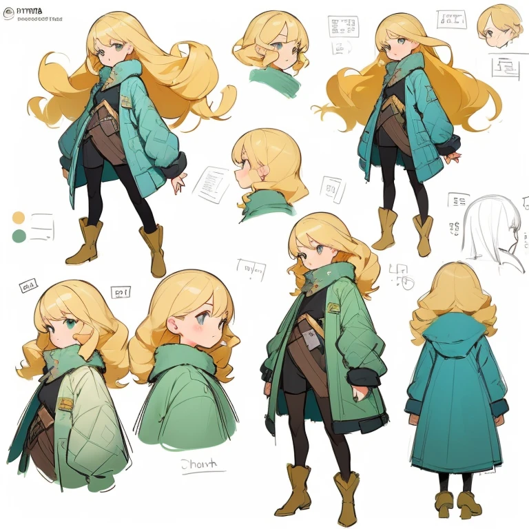 ((masterpiece)), (((best quality))), (character design sheet, same character full body, front, side, back), Illustration, ((1 little girl)), blonde hair color, shy face , long curls hair, environment change, pose kota, shy, female, cute costume, winter coat , charturnbetalora, concept art, character concept art, character sketch, reference sheet, character sheet, ( background, white background: 1.3)