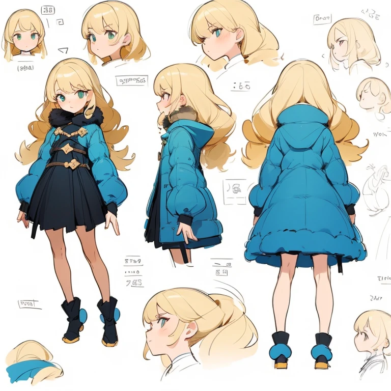 ((masterpiece)), (((best quality))), (character design sheet, same character full body, front, side, back), Illustration, ((1 )), blonde hair color, shy face , long curls hair, environment change, pose kota, shy, female, cute costume, winter coat , charturnbetalora, concept art, character concept art, character sketch, reference sheet, character sheet, ( background, white background: 1.3)