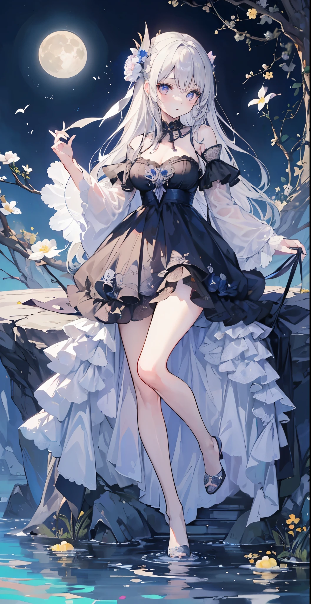 (masutepiece), (Best Quality), Highly detailed, One girl, (full body photographed:1.3),Perfect face, Beautiful face, extra detailed face,Long gray hair,florals,butterflys々,floralsびら,optic,waterface,a moon,Fantasia,Fantastical,mystical