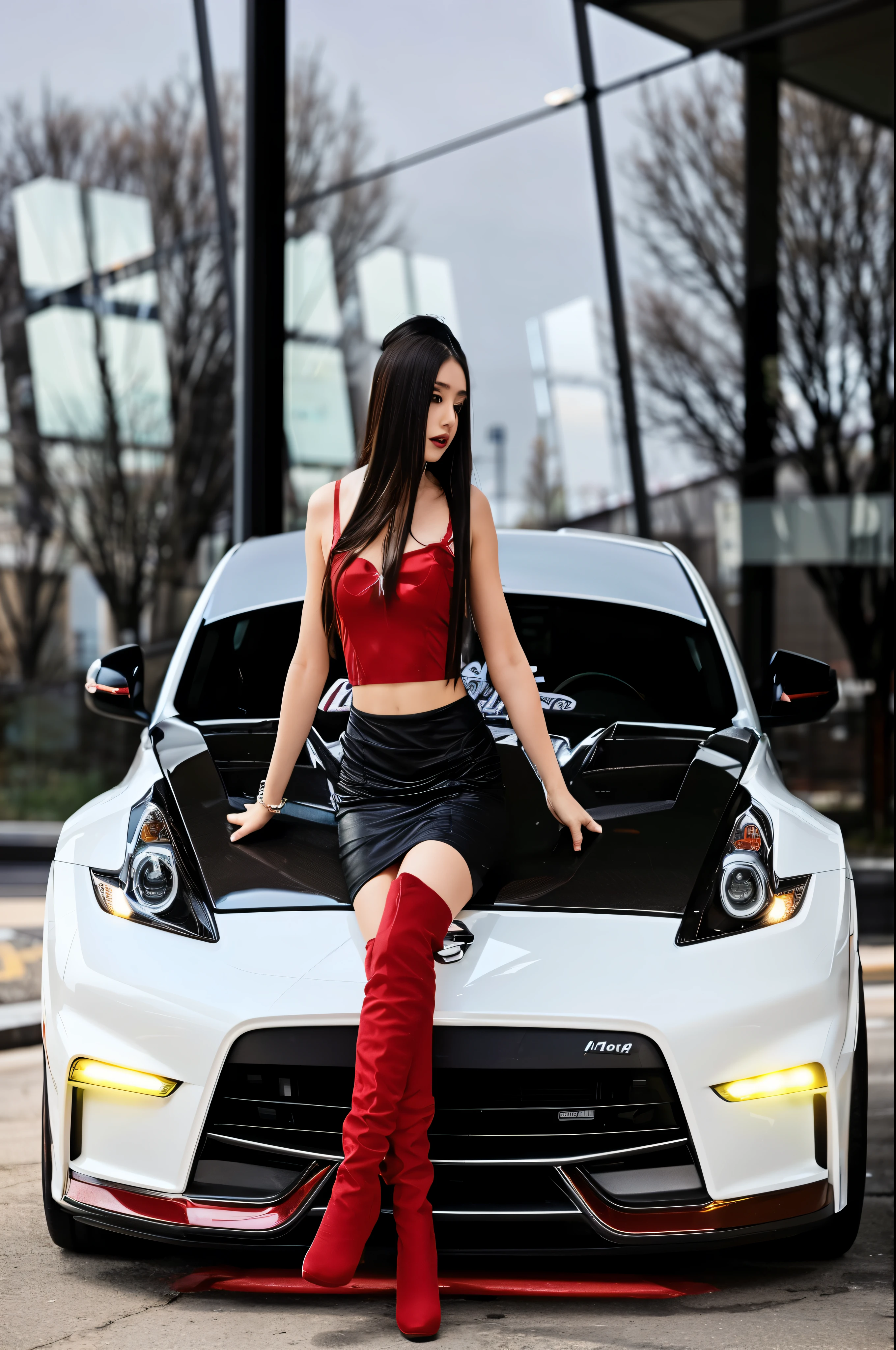 araffe sitting on the hood of a sports car with a red top, anna nikonova aka newmilky, auto photography, instagram model, shot on nikon z9, anime girl , captured on canon eos r 6, olga buzova, gtr xu1, sports car, japanese model, automotive photography, photo taken with nikon d 7 5 0