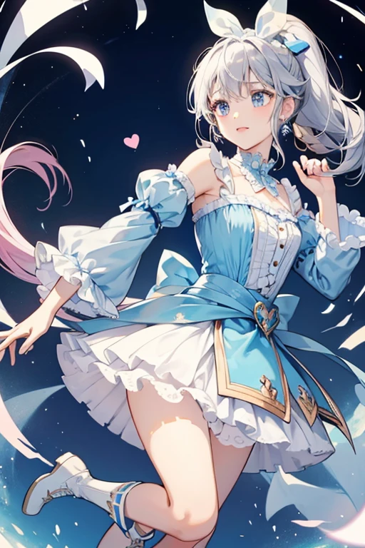 she has midnight blue eyes and long hair partially pulled back, with her bangs held by a gold or pink clip. her hair grows in length and curls, with a small ponytail on top of her head bound by a white ribbon with a blue heart in the middle. She gains silver heart earrings. She wears a short white dress with ruffled pale blue trim around the sleeves to accent the tulle petticoat of her tutu skirt, which has light blue scalloped lining. On the chest is a white ribbon, and a blue strap wraps around her waist, a light blue heart holding her Commune. She also gains white boots with pale blue sole, and leg warmers trim with ruffles and adorned by a light blue heart to match her gloves, which instead have a blue heart on the hand.