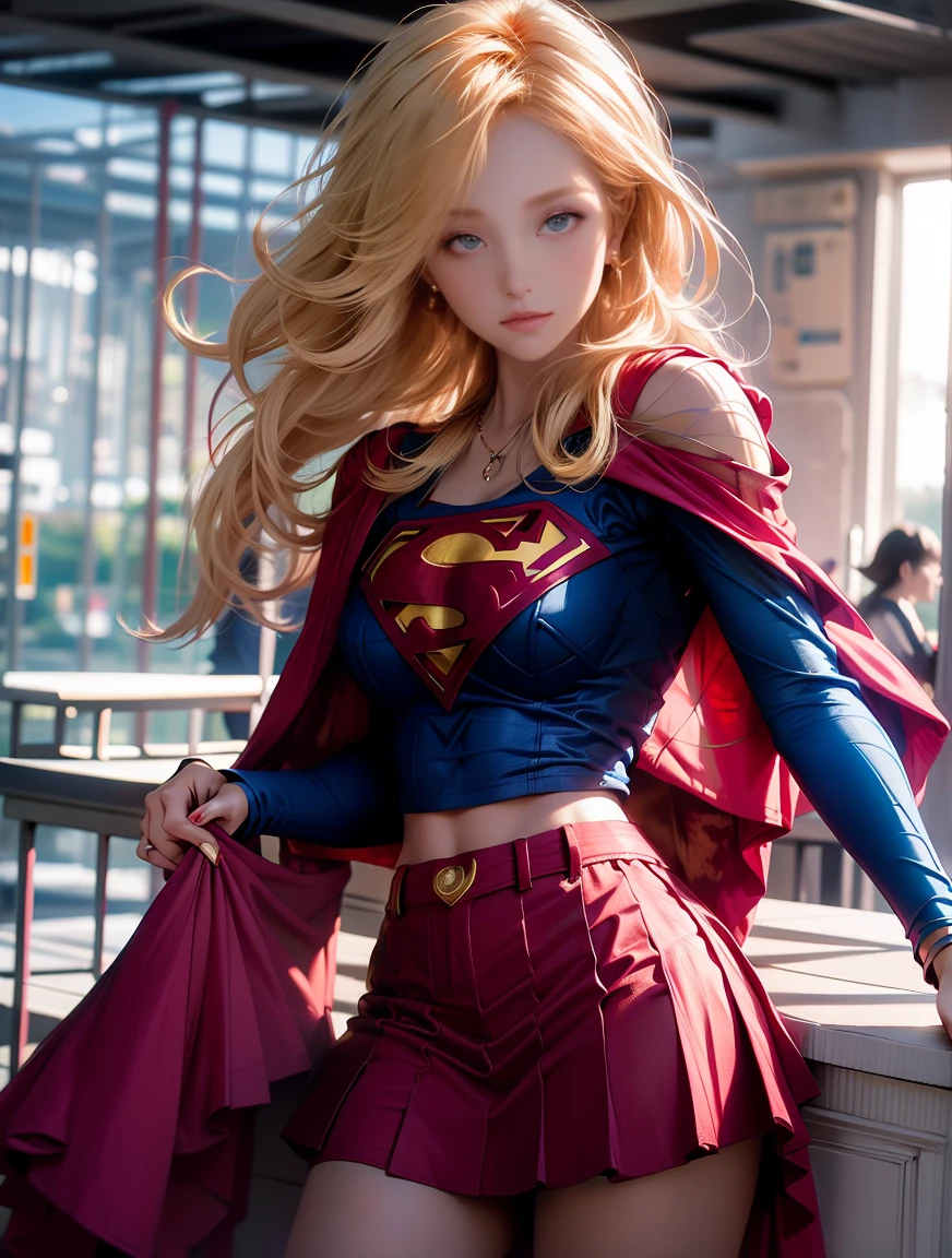 masterpiece, 4k, 8k, high quality, highly detailed, detailed face, HDR, vivid colors, natural lighting, Best Shadows, Shallow Depth of Field, Portrait of (Supergirl:1.1) standing on a rooftop, smiling, red skirt, red cape, red boots with heels, delicate, alluring blue eyes, lovely medium breasts, blonde, (Superman symbol on chest:1.2), bare legs, open navel, blue sky, sunlight, clouds, sun, bloom,