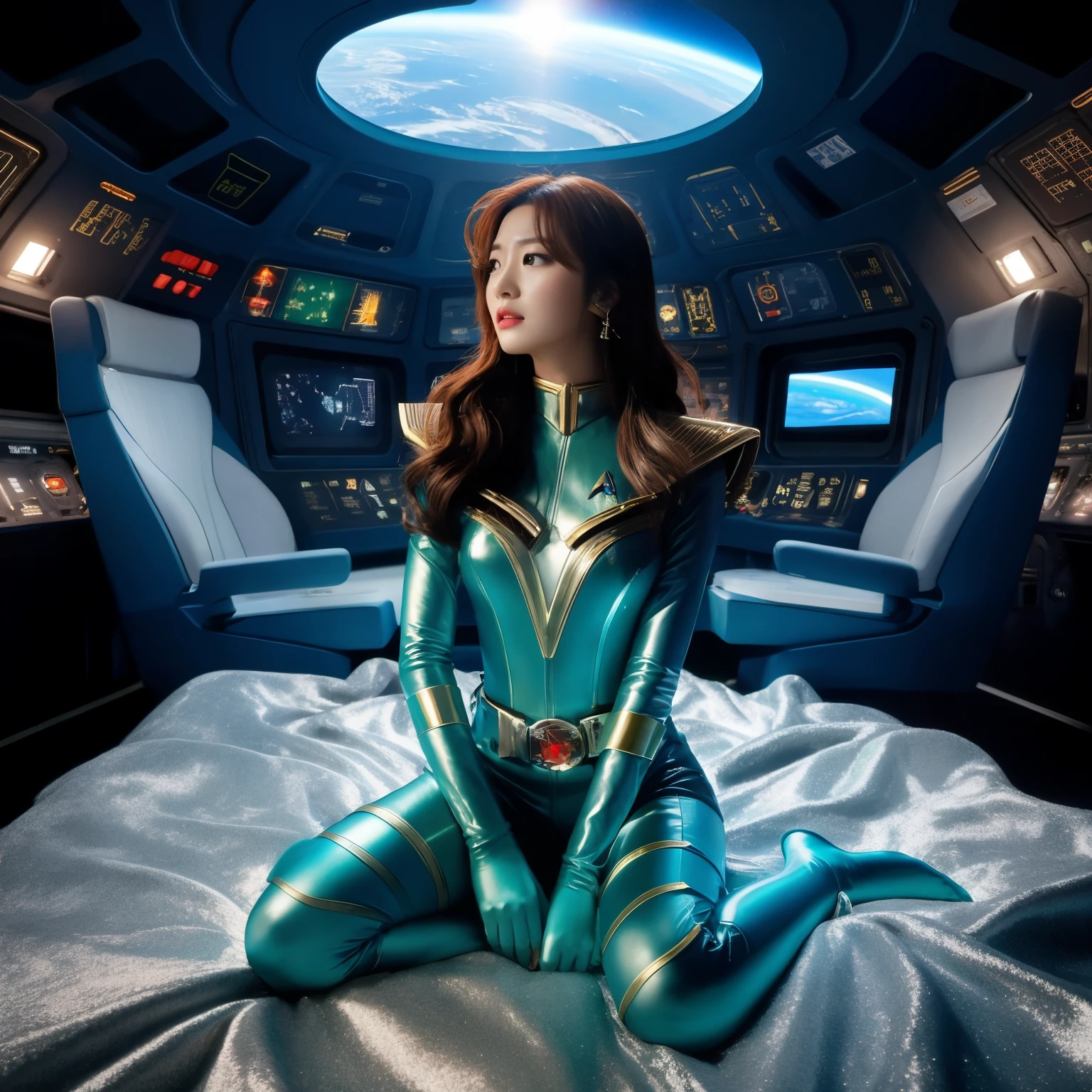 Works of masters，超A high resolution，8K分辨率，Depth of field suitable facial features，Glowing skin，girl，solo person，photos realistic、Raw photo、​masterpiece、High quality、amazing quality、It looks like a photo、An arafe woman wearing a supermarket uniform and sitting on the bed, powerful woman sitting in space, as a retro futuristic heroine, as a retrofuturistic heroine, Beautiful woman wearing a supermarket uniform, 60's sci-fi pinup style, star trek asian woman, in spacecraft, 未来のin spacecraft, in spacecraft, park shin hye as a super villain