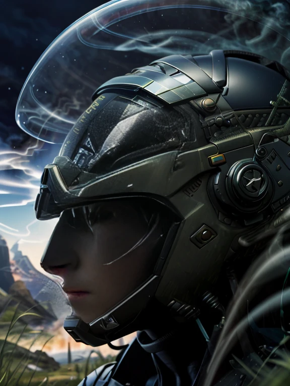 award winning closeup photo of a female (sci-fi explorer:1.3) wearing helmet with hexagonal glass visor, [Style-Psycho::10], beside a (crashed vehicle:1.2), (smoke:1.4), looking out over a verdant alien planet, (mountains:1.2) (tall grass:1.2), rocks, highly detailed, fine detail, (intricate:1.3), (lens flare:0.6), (backlighting:0.8), (bloom:0.8), shallow depth of field