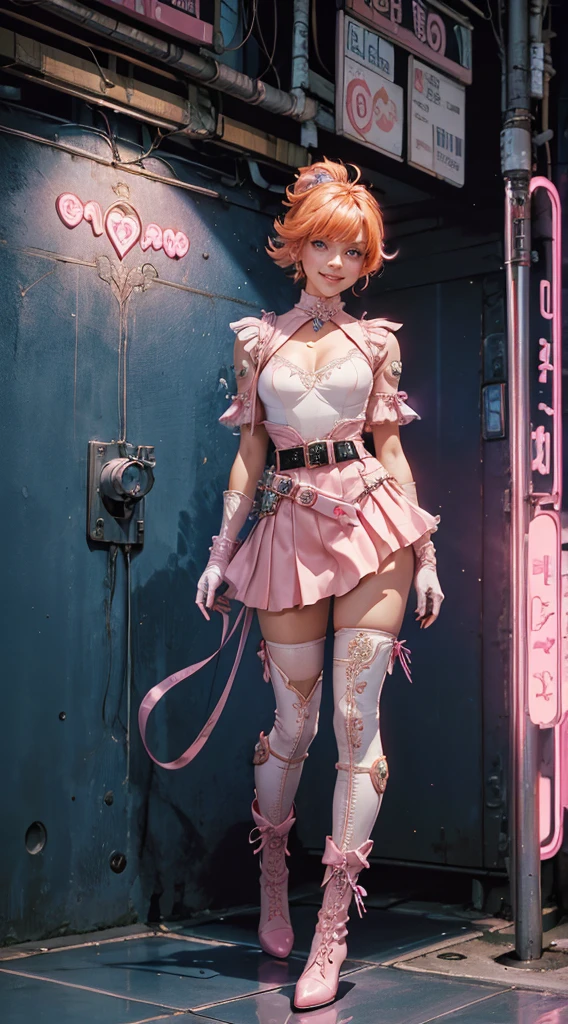 1girl, solo, cowboy shot, beautiful noralkyrie, looking at viewer, blush, smile, short hair, bangs, blue eyes, holding, hair between eyes, jewellery, medium breasts, collarbone, full body, shiny orange hair, grin, blue cropped jacket, white thighhighs, dynamic pose, metallic gloss, ((aesthetic cyberpunk)), (volumetric lighting), best quality, masterpiece, intricate details, tonemapping, sharp focus, hyper detailed, heart cut-out, gloves, jacket, pink skirt, pink belt, short sleeves, puffy sleeves, single armband, fingerless gloves, pink gloves, white ankle boots with pink soles, cyberpunk city background