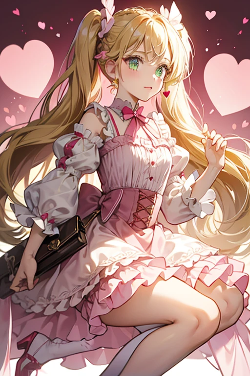 has olive green eyes and long blonde hair worn in a braid over the shoulder, tied with a small bow and heart, a pale pink scrunchie, and red clips. her hair brightens in color and grows out very long, worn in a pair of pigtails held by dark pink bows with red hearts. She gains gold heart earrings. She wears a light pink ruffled dress with white frilly trim and a band going down the center lined in pink. On the chest is a white ribbon adorned by a ruby heart, and yellow ribbon wraps around the waist held together by a smaller heart with a purse hanging from it. Her shoes are light pink with pink sole and white ruffled leg warmers to match her sleeves, decorated with pink bows and ruby hearts.