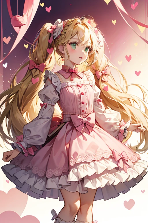 has olive green eyes and long blonde hair worn in a braid over the shoulder, tied with a small bow and heart, a pale pink scrunchie, and red clips. her hair brightens in color and grows out very long, worn in a pair of pigtails held by dark pink bows with red hearts. She gains gold heart earrings. She wears a light pink ruffled dress with white frilly trim and a band going down the center lined in pink. On the chest is a white ribbon adorned by a ruby heart, and yellow ribbon wraps around the waist held together by a smaller heart with a purse hanging from it. Her shoes are light pink with pink sole and white ruffled leg warmers to match her sleeves, decorated with pink bows and ruby hearts.