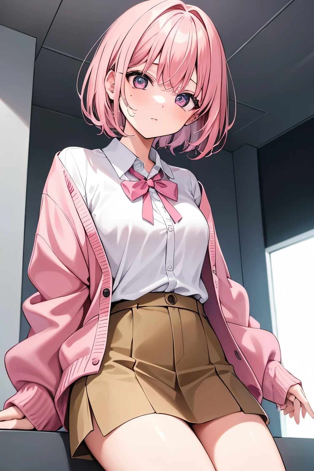 girl with, Light pink hair, Short hair, Eyes are yellow, 校服, a miniskirt, Worn cardigan, , Attach a pink ribbon. , Cute Face,Moles under the eyes,Niso