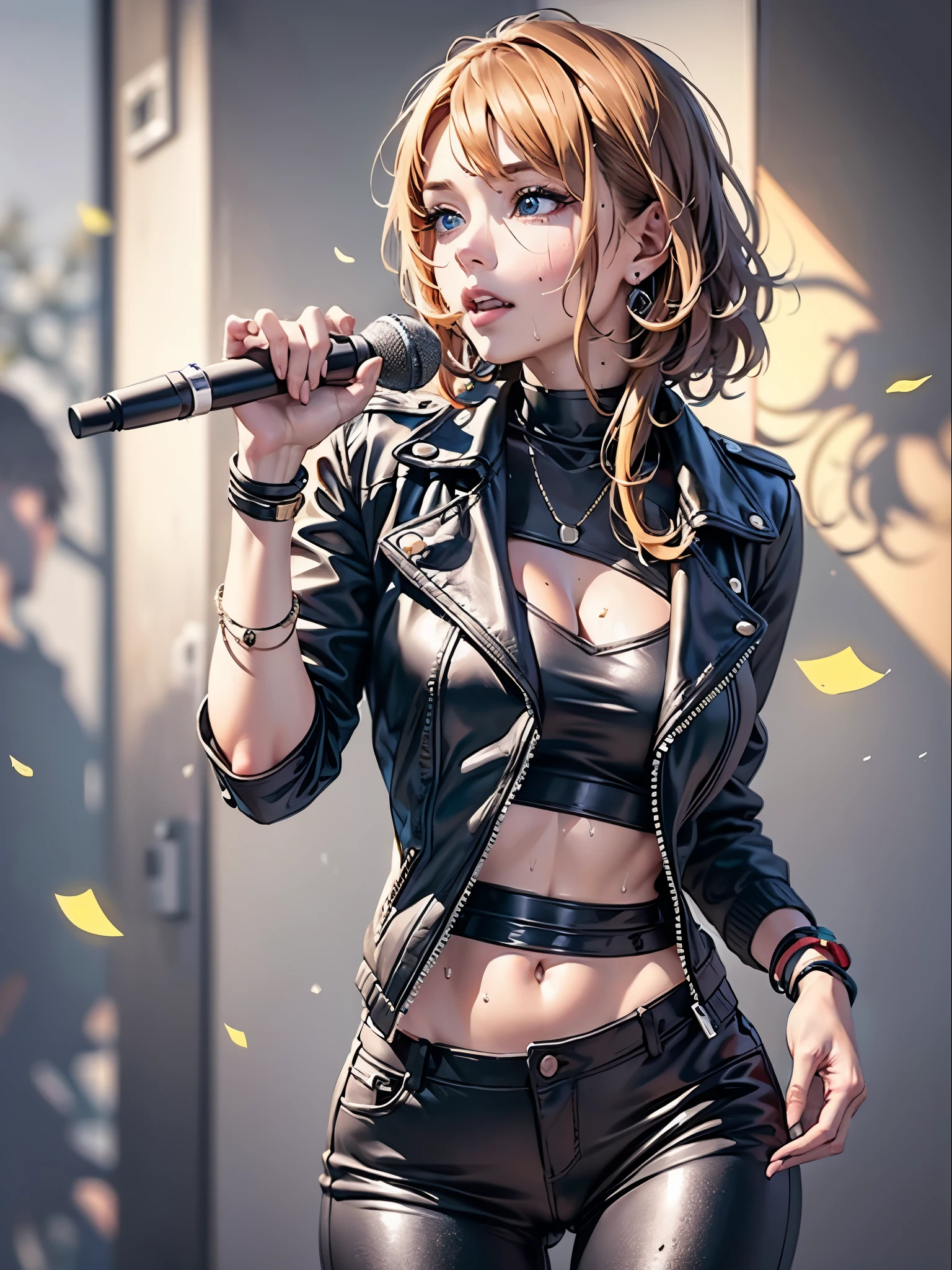 (masutepiece), A sexy、Natural light, Photorealistic, Cameltoe, diffuse glow, depth of fields, profetional lighting、big eye、the eyes are blue、a blond、Russian、Black leather jeans、Black leather pants、Black T-shirt、Rock、Microphone in right hand、The background is a drummer、Number of accessories on the arm々、Skull Accessories、Hair is unkempt、Splattering sweat、Packed audience in the background、