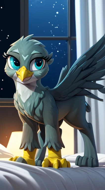 (Masterpiece, highly detailed, anime style render, slightly blurred background, cinematic light particles, front view:1.1, low angle perspective view:1.1), ((Gabby)), (furry:1.2), (((short stack))), female gryphon, blue-grey body, beak, ((tail)), (((yellow arms, yellow hands))), ((blue-grey hind legs)), ((big wings)), solo, on all fours, on a bed with light grey sheets, hand rubbing crotch, tail going between legs rubbing crotch, (((wearing black transparent stockings, black detailed panties))), visible panties, (((smiling seductively at viewer centered, with half-closed eyes:1.2, very visibly aroused, and a smug expression))), (((thick thighs))), (thigh gap), spreading wings, (big wide detailed cobalt blue green cartoon eyes:1.2), ((blue-grey eyelids)), (digitigrade:1.2), ((in a detailed elegant hotel room with white walls, white curtains, a window, at midnight, dark night)