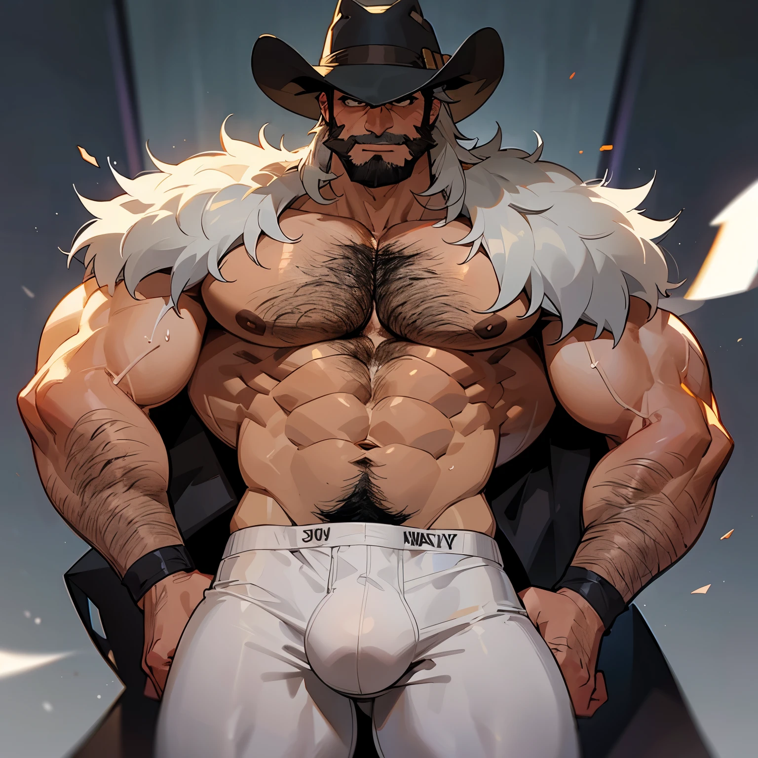 Muscular cowboy man, manly, bearded, very hairy, ???? cold stare, with cowboy hat, big pecs, bigger ?????, ???? body, big legs, big biceps, big arms, shirtless, sweaty, hot, ?????, very ?????, ??????, older, age 60, gray colored hair, furry ?????, ????? full of hairy, ????? hair, big belly, in ?????????, white boxer briefs, big bulge, bulging, erected bulge,