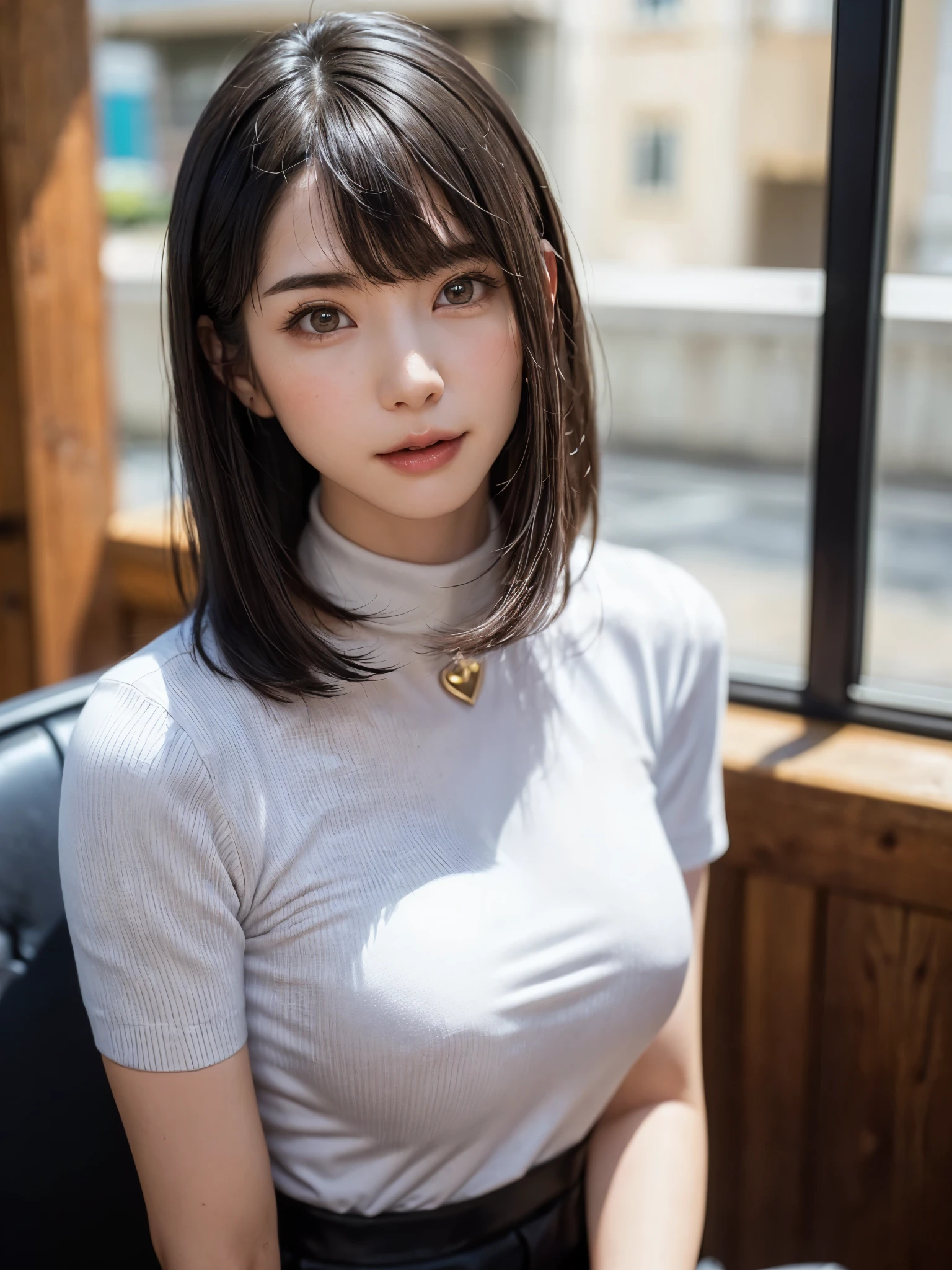 (masutepiece, top-quality、high-detail:1.4、Very attractive beauty、Add intense highlights to the eyes、Look firmly at the camera:1.4、A beautiful woman full of charm、Ideal ratio body proportions、Perfect Anatomy、Brunette Short Bob Hair、Lustrous hair、bangss:1.4、光沢のあるbangss:1.4、lipgloss),1girl in, report, Light brown shiny hair, muffler,realisitic, looking at the viewers、Tilt your head slightly, Bright colored crystal light blue eyes, short shiny hair、 White turtleneck outfit with a hole in the center of the chest,Sexy white turtleneck knit sweater with a round hole in the middle of the chest、 s lips, lipgloss, The upper part of the body、big eye、Lashes、A little red in the face、Embarrassing)、((italian road in winter))、((short hair with big eyes、Put very strong highlights in your students、{Gigantic|Big|Huge|Mega} breasts:1.6、very Bigger breasts、gazing at viewer、Very beautiful beauty、Put your ears out、long neck、smil、smil、Happy、Beautiful teeth、口を開いてsmil、Heart-shaped pupil))、28 year old、Very cute supermodel、