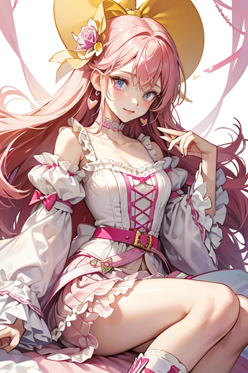 1 girl, game CG, white clothes, cleavage visible, shoulders visible, white short skirt, small white beret, jewel pendant, black shoes, gigantic breasts, pink hair, long hair, straight hair, princess hairstyle, idiot fur, pink eyes, smile, rabbit, squirrel, animals, wariza, tree,