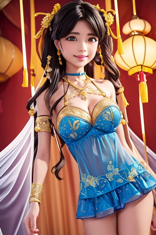 wavy hair wavy hair，（（（hair adornments））），choker necklace，Barbie wears sexy blue and gold lace halter top，The room is filled with Chinese New Year decorations（（（tmasterpiece）））， （（Best quality at best））， （（intricately details））， （（hyper realisitc））（8K）