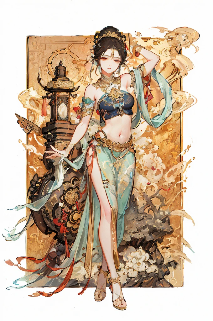 arafed image of a woman in a belly dance costume, alphonse mucha and rossdraws, by Yang J, inspired by Fenghua Zhong, full color illustration, a beautiful fantasy empress, inspired by Lan Ying, by Shen Zhou, a beautiful artwork illustration, by Qu Leilei, by Yan Hui, by Zeng Jing, by Lu Guang