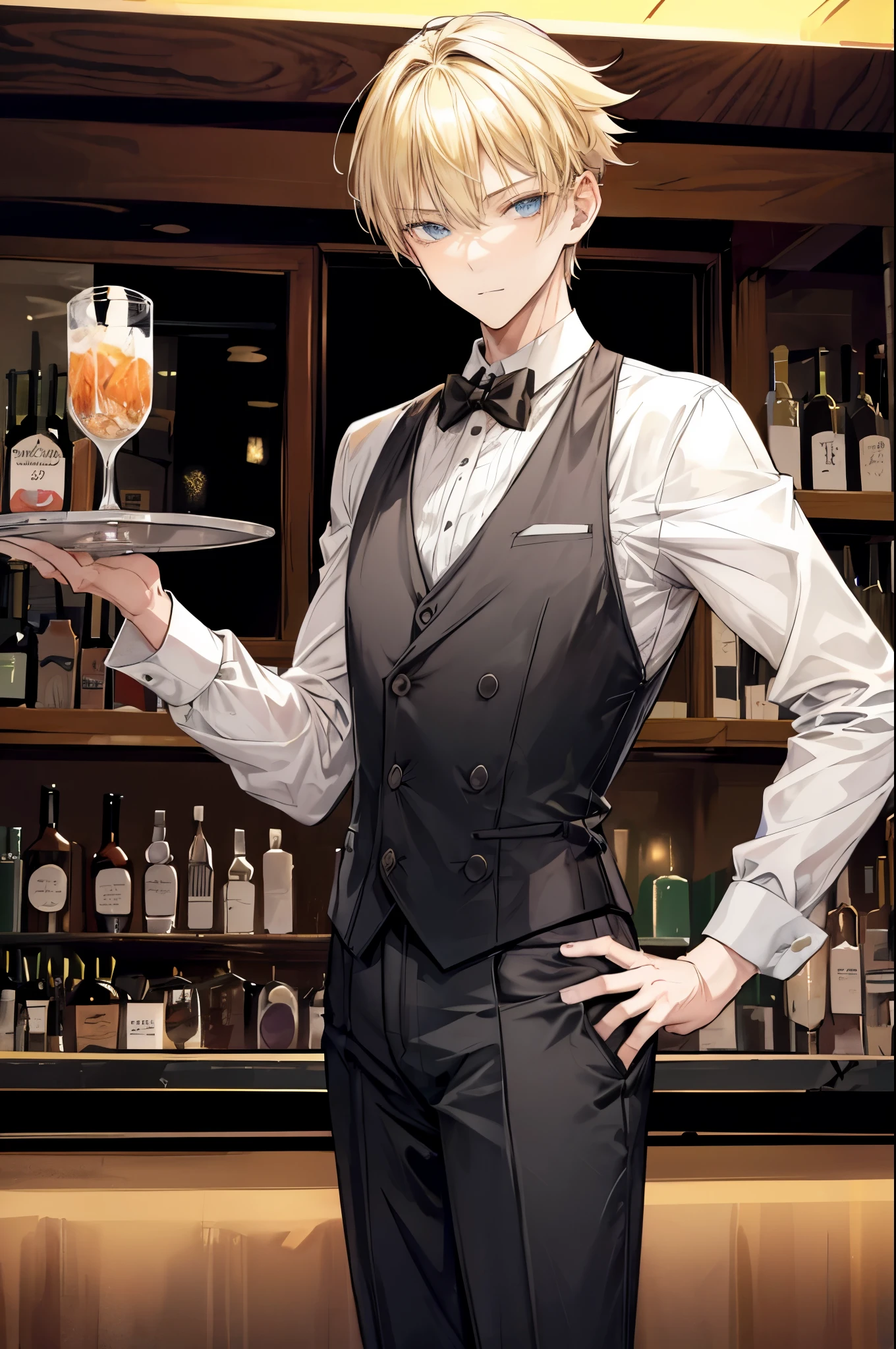 (flat color:1.1),(masterpiece:1.2), best quality, masterpiece, original,short neat blonde and boyish hair, (mature, handsome man looking at the camera at a bar:1.2), wearing a formal casual outfit, bartender