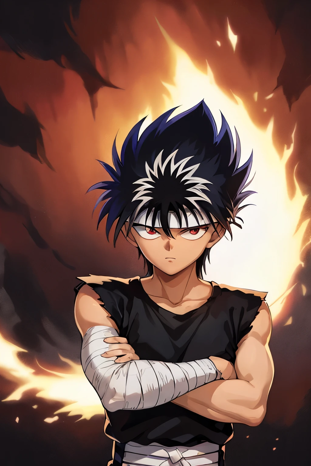 masterpiece, best quality, 1boy, hiei, black hair, white hair, spiked hair, red eyes, headband, bandages, upper body, sleeveless, torn clothes, solo, dragon behind background