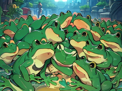 Tadpoles displayed on a large monitor、((Many friendly frogs are hugging each other)).、surround each other's face、(((Laughter and joy)))、in group photograph、Group Selfies