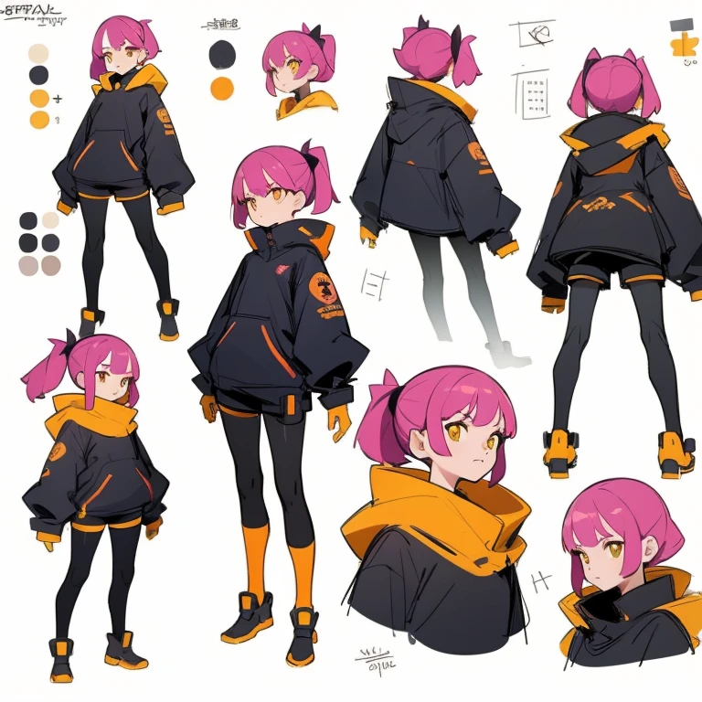 ((masterpiece)), (((best quality))), (character design sheet, same character full body, front, side, back), Illustration, ((1 )), magenta hair color, side pony tail, long hair, star yellow eyes, environment change, pose kota, playful, female, black colour mini t-shirt, short pant, yellow orange color raincoat , charturnbetalora, concept art, character concept art, character sketch, reference sheet, character sheet, ( background, white background: 1.3)