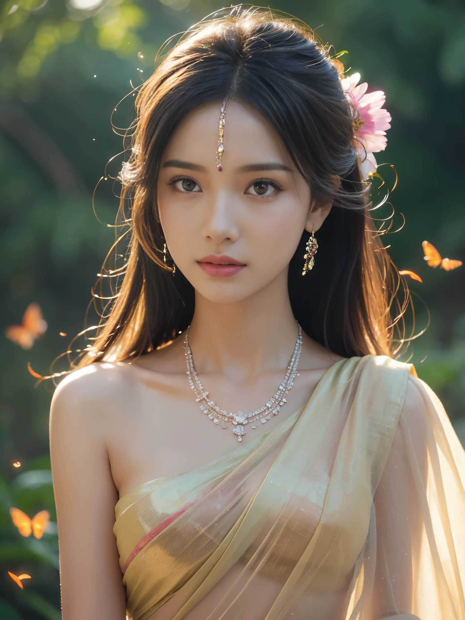 An ultra realistic portrait of a very beautiful woman in translucent saree ,hyper detail, cinematic lighting, 4k, 8k, ultra realistic, high resolution, ultra hd, super realistic, sharp, good quality, Movie like, attractive, glowing, cute, sizzling, charming, jwellery, necklace, forehead jwellery, sunlight, sparks, glossy, dust particles , 3D look, sunshine, feathers, HD, flowers,Glowing hair, fireflies,blur background, temple, crowds, butterflies, glossy eyes