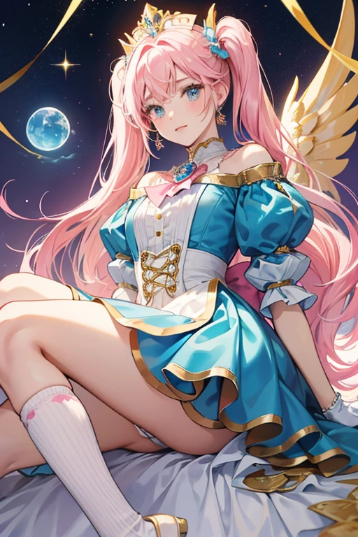 her hair lengthens into long pigtails and turns sky blue with a light pink ombre at the bottom. There is also a thin pink streak in the middle of her bangs. On top of her head are a pair of big white wing-like clips with gold lining and two small blue bows with pink hearts at the bottom along with a gold crescent-shaped with dark blue sphere earring in the right and a gold ear stud in the left. Her dress's bodice is white on top with a thick gold string and dark blue at the bottom with gold lining and two white dots. It also has a gold brooch with a pair of light blue wings with a dark blue sphere and gold four pointed star design and white little necktie with blue trim at the bottom. On her left shoulder is a gold cape holder and a long blue cape that is red in the front with golden fringe lining the bottom. The skirt is cerulean with blue stripes surrounding it and white and pink ruffles lining it along with a pair of pink bows on each side. She also wears puffy white and baby blue sleeves with pink trims on her upper arms and white finger-less gloves with a pink heart and pink lining in the back and yellow wristbands. Her shoes are blue with golden spiky toes and soles and pink ruffles on top with long white thigh-like socks with blue chevron markings on top.