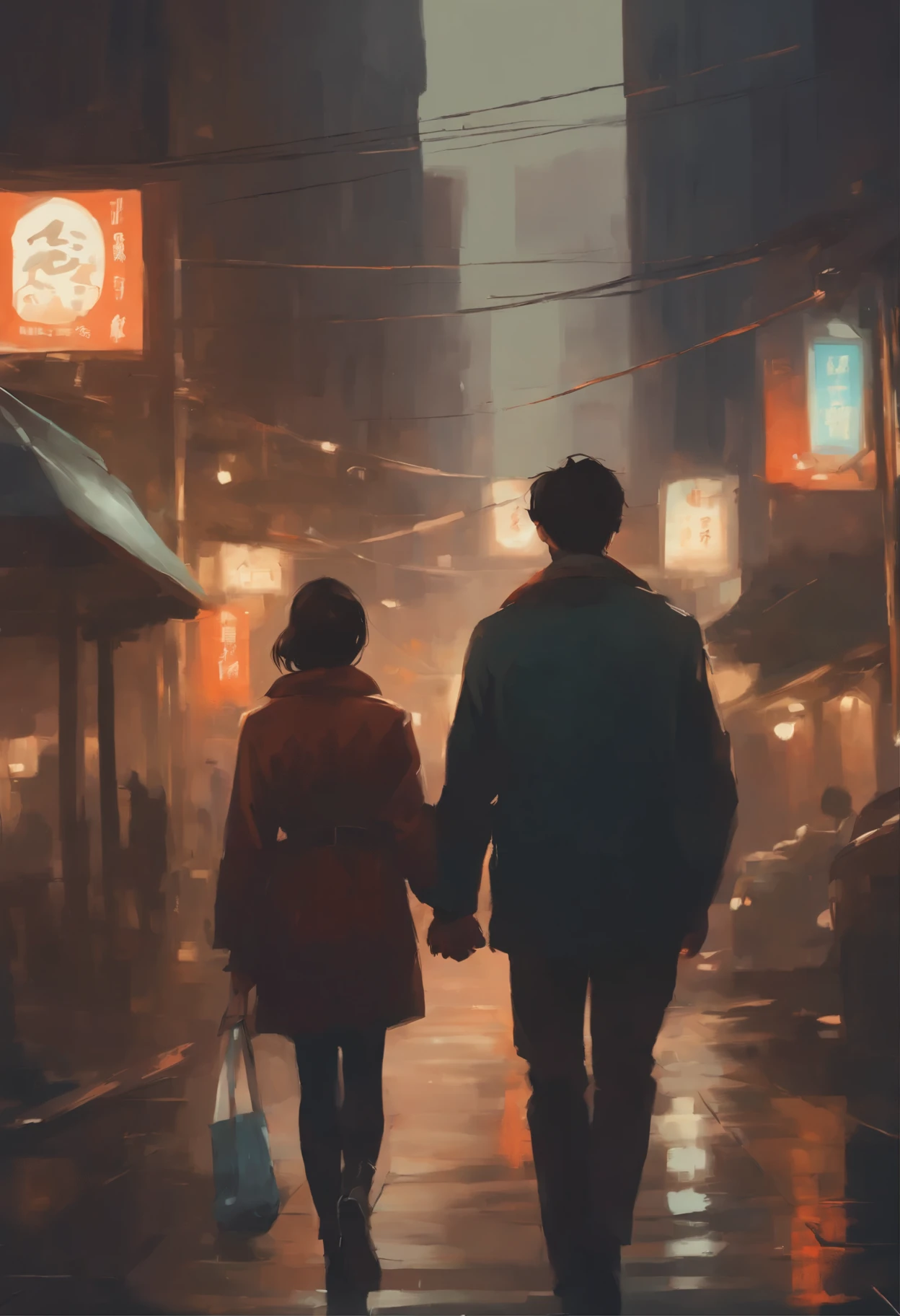 a painting: two people walking down the street, holding hands., rob rey and kentarõ miura style, guweiz and makoto shinkai, artwork in the style of guweiz, Rob Rei and Kentaro Miura Style, rob rey and kentarõ miura, in style of makoto shinkai