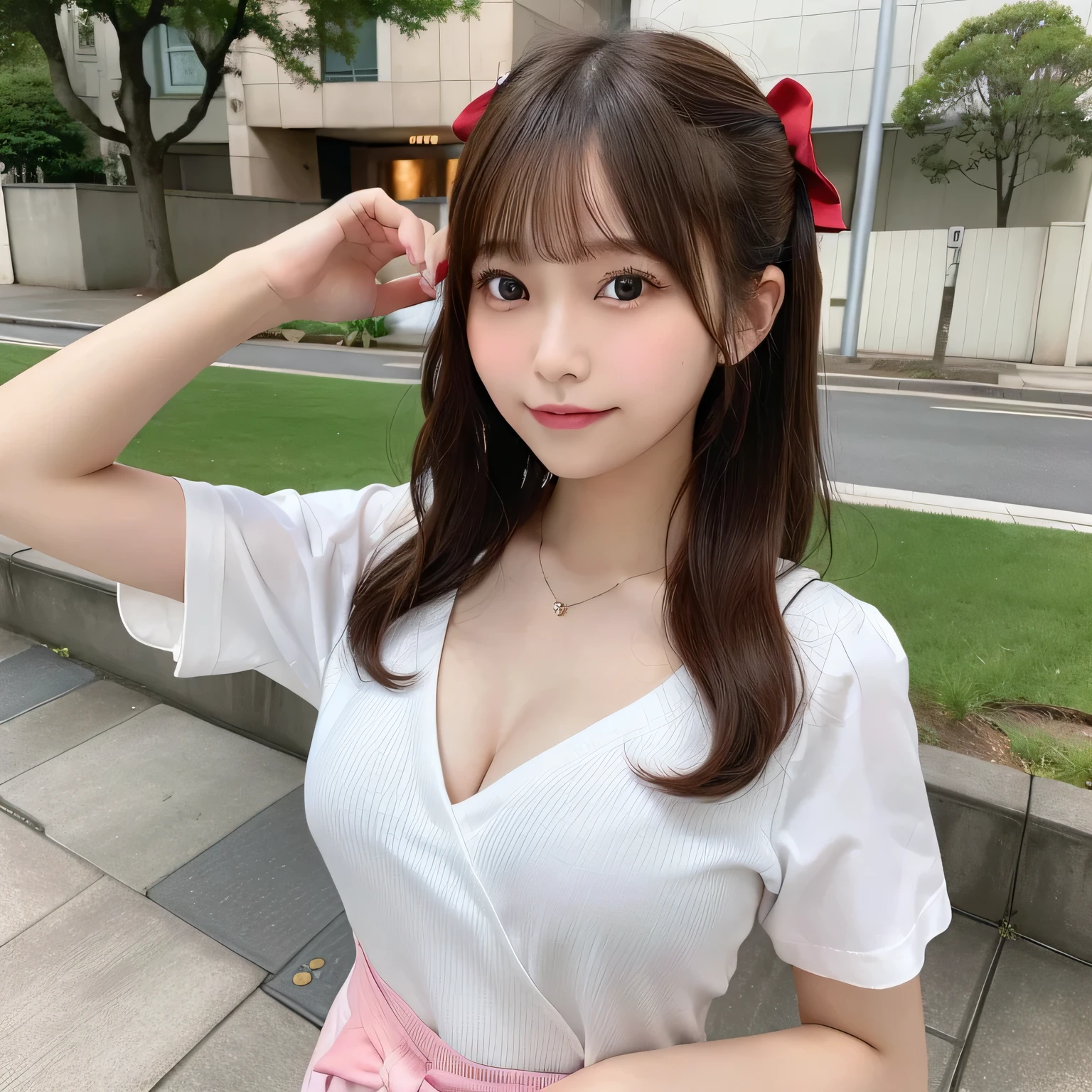 (Top image quality, Ultra-fine, hight resolution, ultra-detailliert,),独奏、Cute *********** s、outside of house, Photo from the side、大きいbreastsout 芝生, A smile, 天空, Behold, during daytime, Mouth open, red blush, backs, length hair, florals, The shirt, 青い天空, 云, bangss, 白いThe shirt, bow ribbon, accessorized, The upper part of the body, floralsびら, 牙, 上の牙だけ, ヘアbow ribbon, doress, breastsout, Arms behind the head, a necklace, shortsleeves, frilld、nogizaka、Beautiful black eyes:1.３、17-year-old schoolgirl